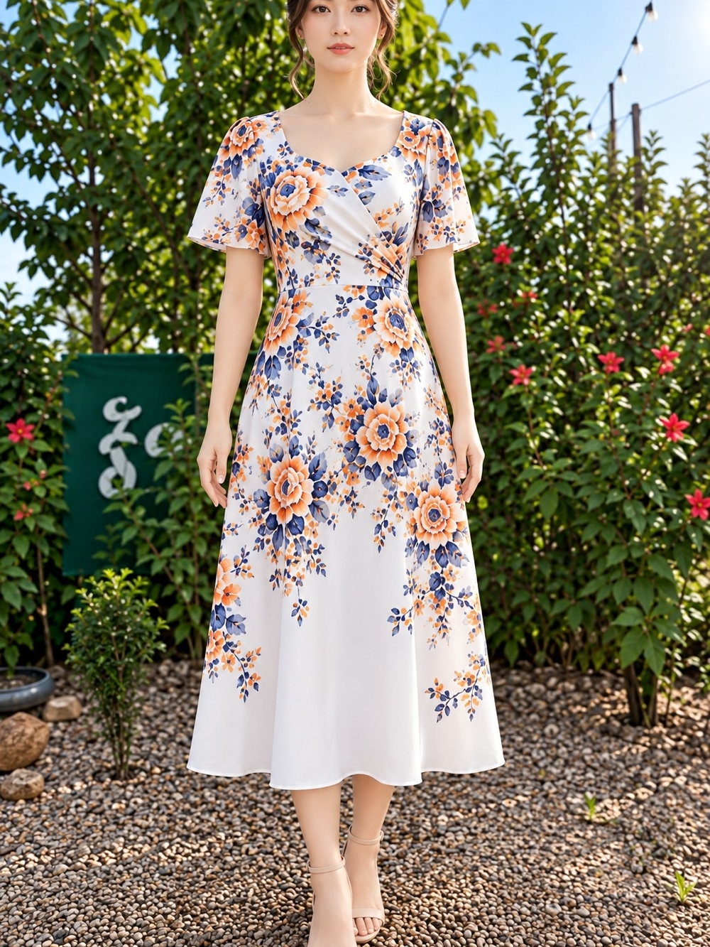 White Floral Wrap Midi Dress with Orange & Blue Blooms